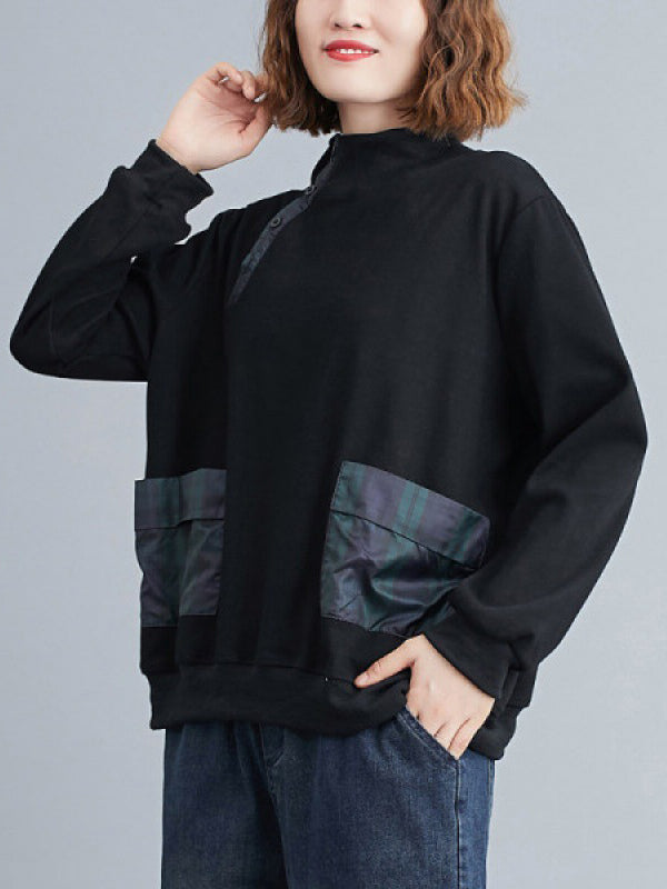 xakxx Simple Long Sleeves Loose Split-Joint Solid Color High-Neck Sweatshirt Tops