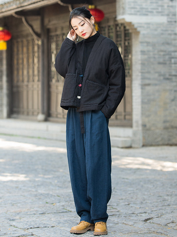 xakxx Vintage Loose Long Sleeves Keep Warm V-Neck Padded Coat
