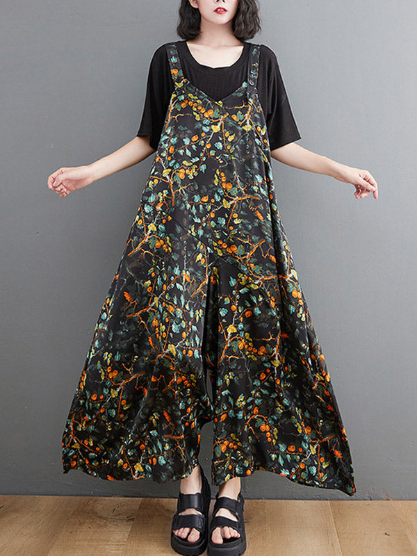 xakxx Loose Artistic Retro Ramie Cotton Floral Printed V-Neck Overalls