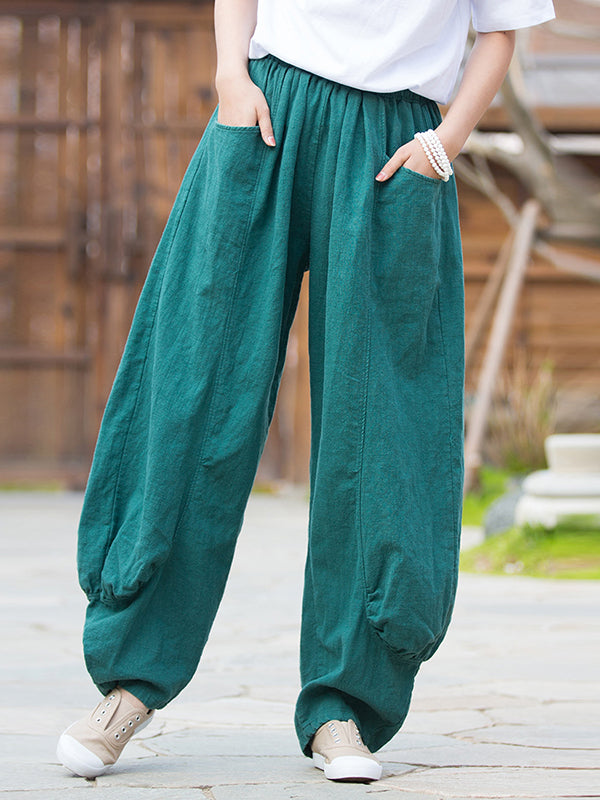 xakxx 7 Colors Casual Wide Leg High Waisted Solid Color Linen Pants