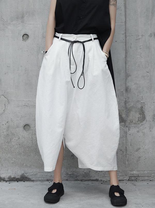xakxx Loose White Linen Split-side Harem Pants