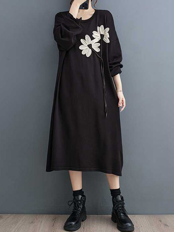 xakxx A-Line Long Sleeves Flower Print Keep Warm Round-Neck Midi Dresses