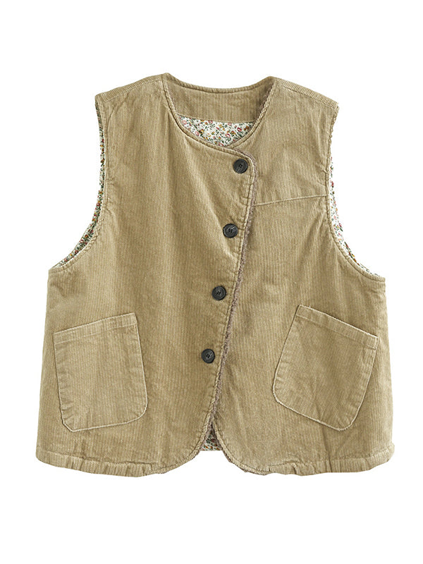 xakxx Vintage Sleeveless Loose Buttoned Split-Joint Solid Color Round-Neck Vest Outerwear