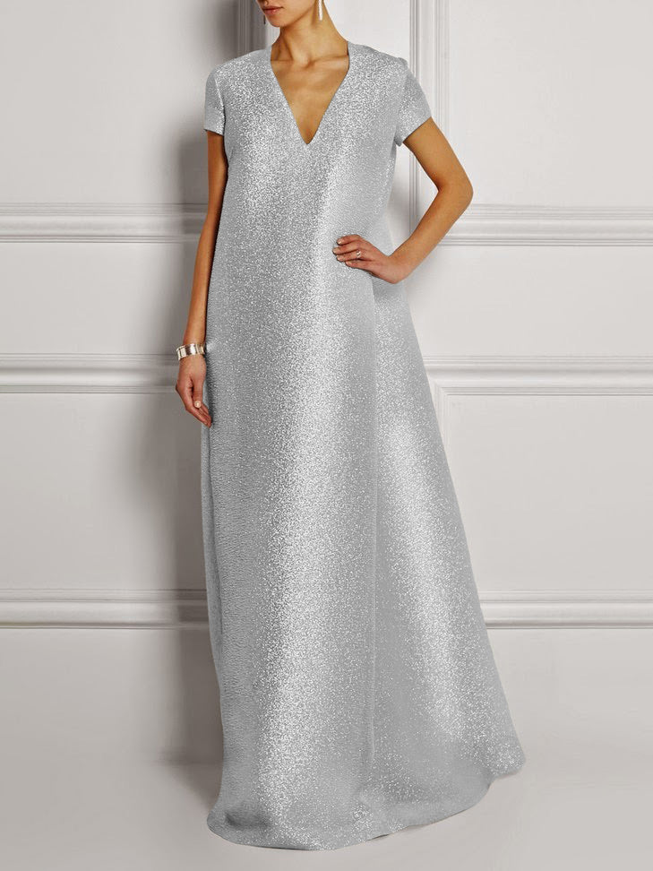 xakxx Loose Short Sleeves Shiny Solid Color V-Neck Maxi Dresses