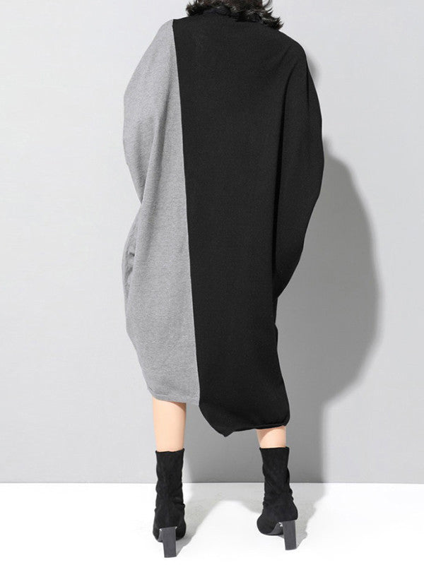 xakxx Casual Loose Split-Joint Contrast Color High-Neck Long Sleeves Dress