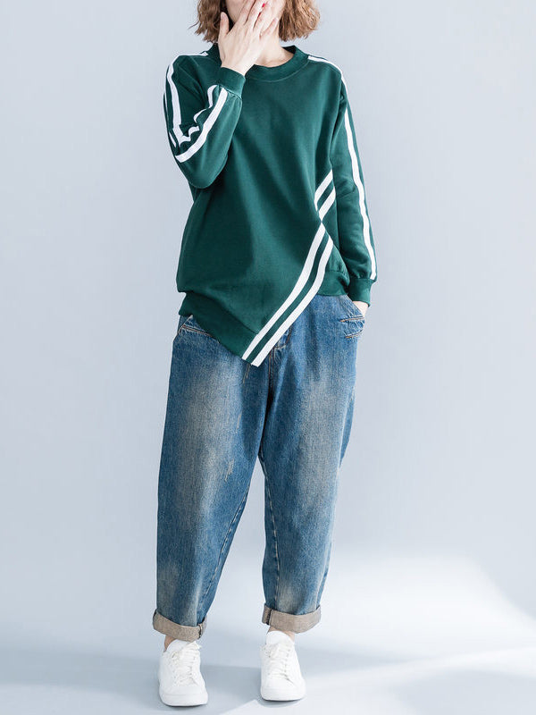 xakxx Cropped Long Sleeves Striped Round-Neck Hoodies&Sweatshirt