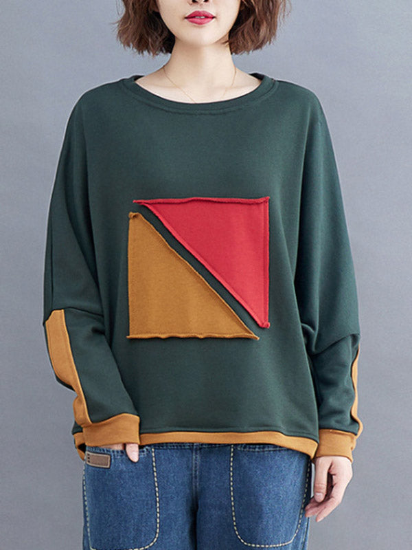 xakxx Artistic Retro Loose Triangle Applique Contrast Color Round-Neck Long Raglan Sleeves Sweatshirt