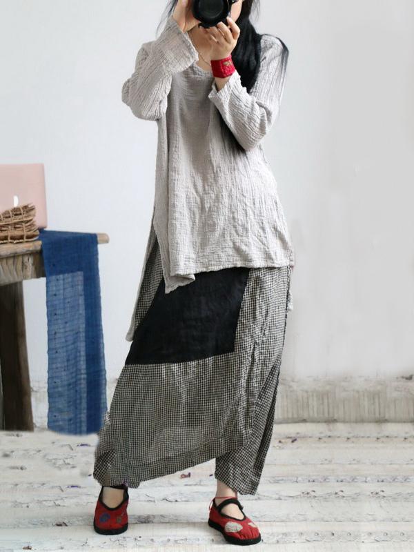xakxx Vintage Plaid Split-joint Cropped Linen Pants