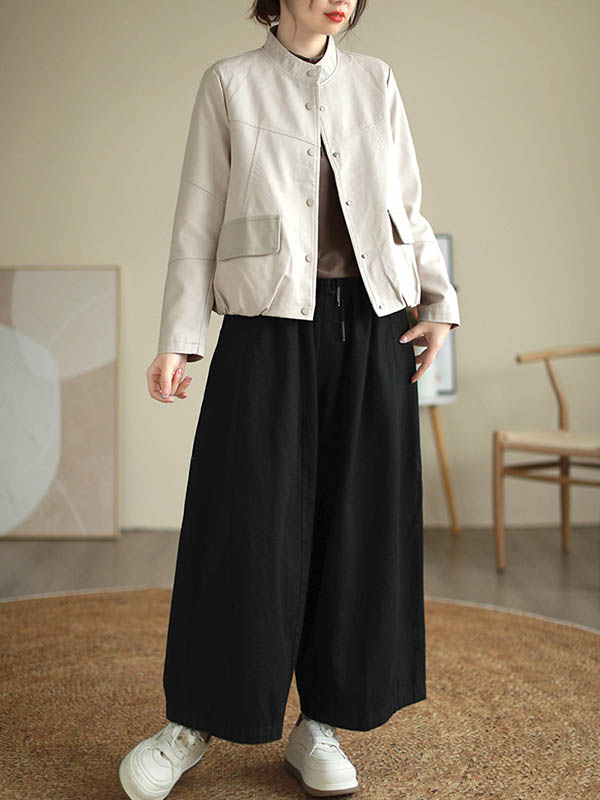 xakxx Long Sleeves Loose Buttoned Pleated Pockets Split-Joint Stand Collar Jackets Outerwear