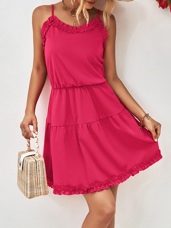 xakxx Loose Sleeveless Falbala Solid Color Spaghetti-Neck Mini Dresses