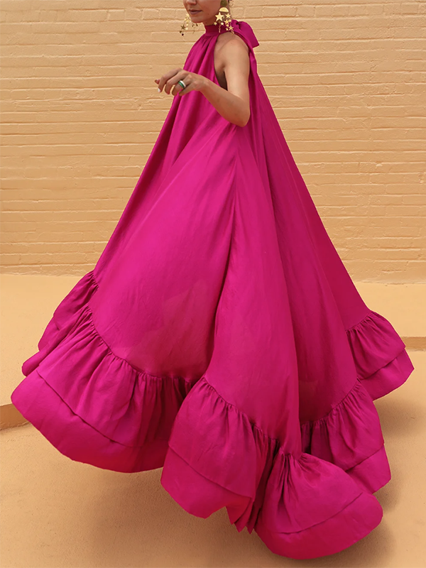 xakxx Loose Sleeveless Falbala Solid Color Stand Collar Maxi Dresses