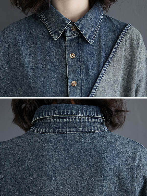 xakxx Denim Split-Joint Plus Size Half Sleeve Lapel Shirt Dress