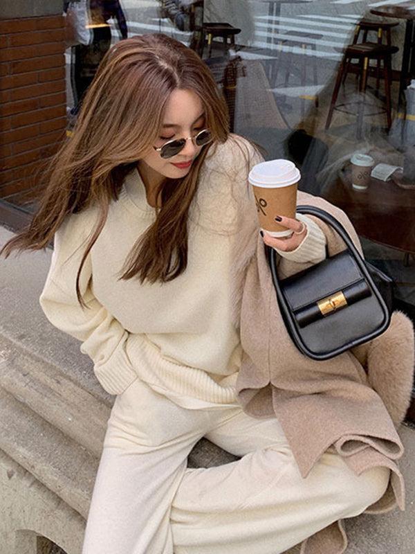xakxx xakxx-Casual Loose Solid Color Round-Neck Sweater Tops & Wide Leg Pants Suits