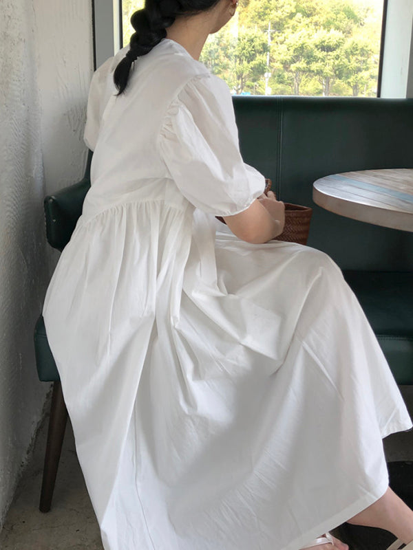 xakxx Original Loose Solid Color Pleated Puff Sleeves Midi Dress
