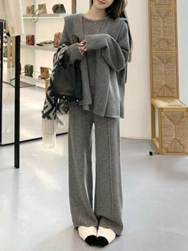 xakxx xakxx-Solid Color Long Sleeves Loose Round-Neck Three Pieces Set