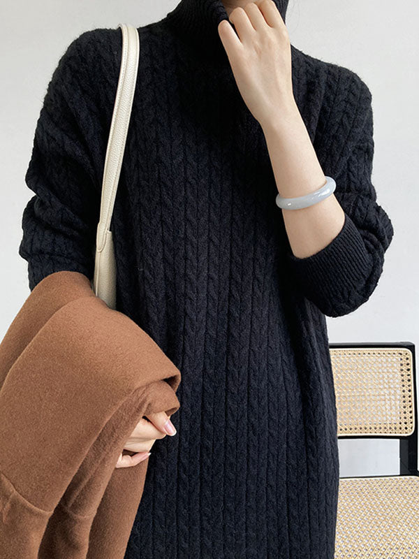 xakxx Stylish Loose Long Sleeves Solid Color High-Neck Twist Sweater Dresses