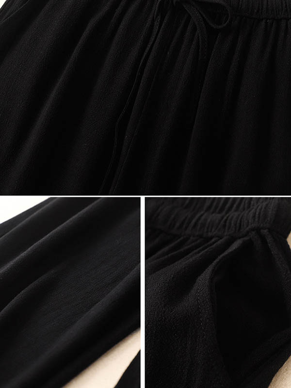 xakxx Loose Wide Leg Drawstring Solid Color Casual Pants Bottoms Trousers