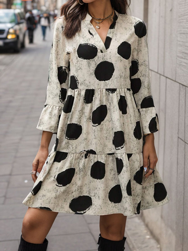 xakxx A-Line Flared Sleeves Pleated Polka-Dot Split-Joint V-Neck Mini Dresses