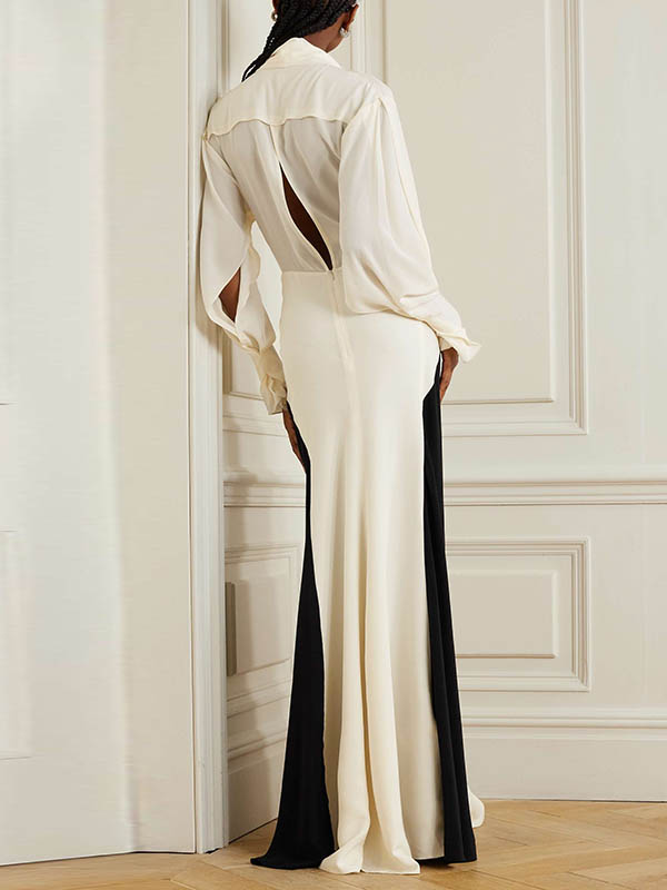 xakxx Long Sleeves Loose Contrast Color V-Neck Evening Dresses Maxi Dresses