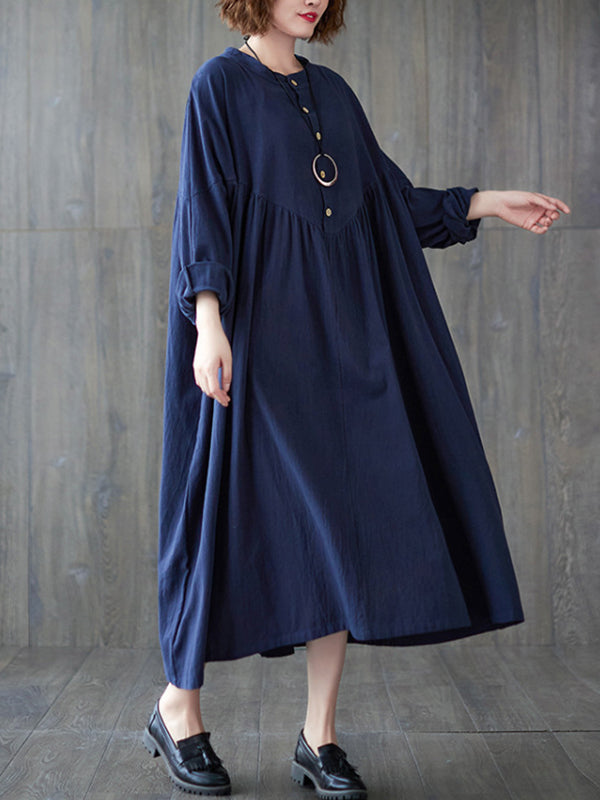 xakxx Loose Puff Sleeves Pleated Solid Color Stand Collar Midi Dresses