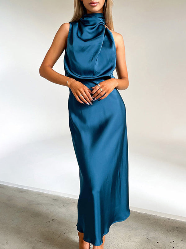 xakxx High Waisted Sleeveless Solid Color Halter-Neck Midi Dresses