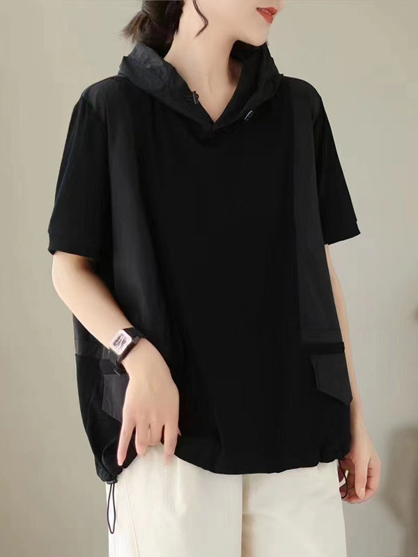 xakxx Loose Short Sleeves Solid Color Hooded T-Shirts Tops