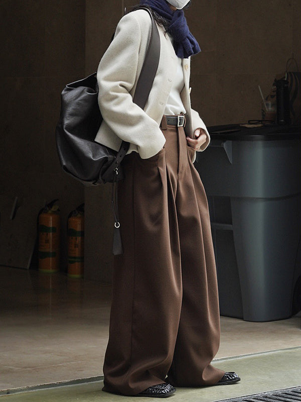 xakxx Loose Pleated Solid Color Wide Leg Pants Bottoms