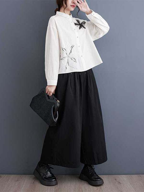 xakxx Long Sleeves Loose Applique Buttoned Embroidered Lapel Blouses&Shirts Tops