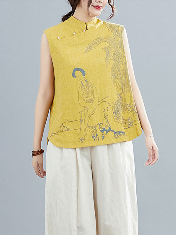 xakxx Artistic Retro Chinese-Style Printed Buttoned Stand Collar Sleeveless Vest