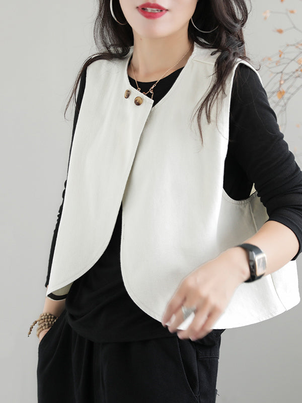 xakxx Artistic Retro Loose Sleeveless Solid Color Round-Neck Vest Outerwear