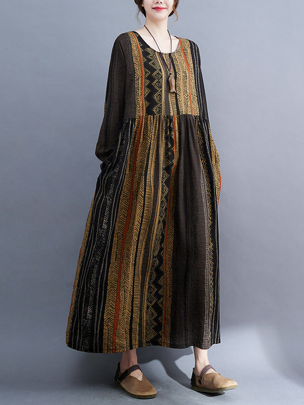 xakxx Vacation Loose Long Sleeves Contrast Color Printed Round-Neck Midi Dresses