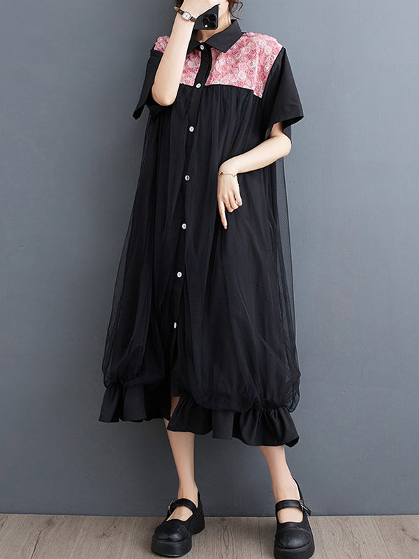 xakxx Loose Short Sleeves Falbala Printed Split-Joint Lapel Midi Dresses
