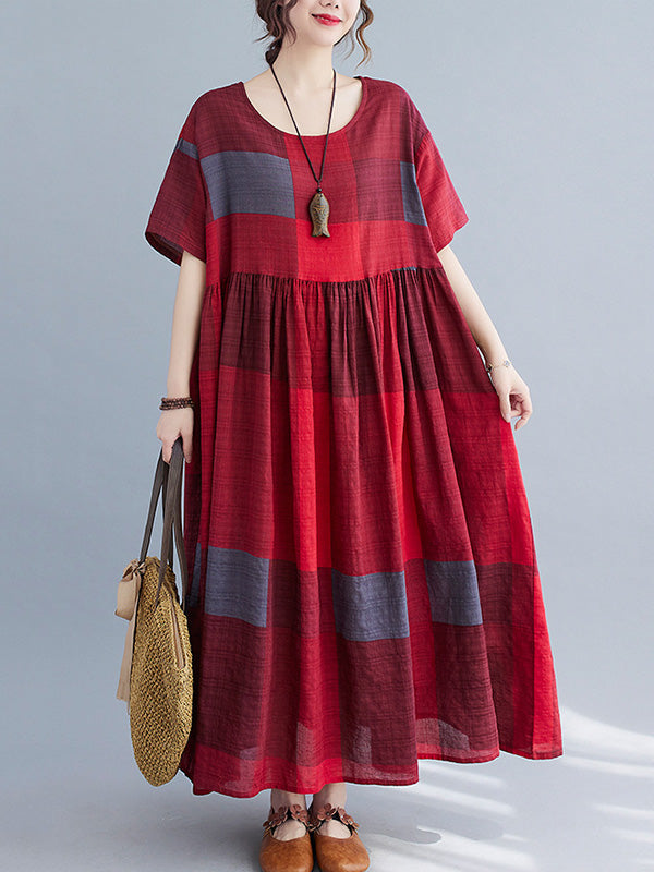 xakxx Artistic Retro Loose Color-Block Pleated Round-Neck Half Sleeves Midi Dress