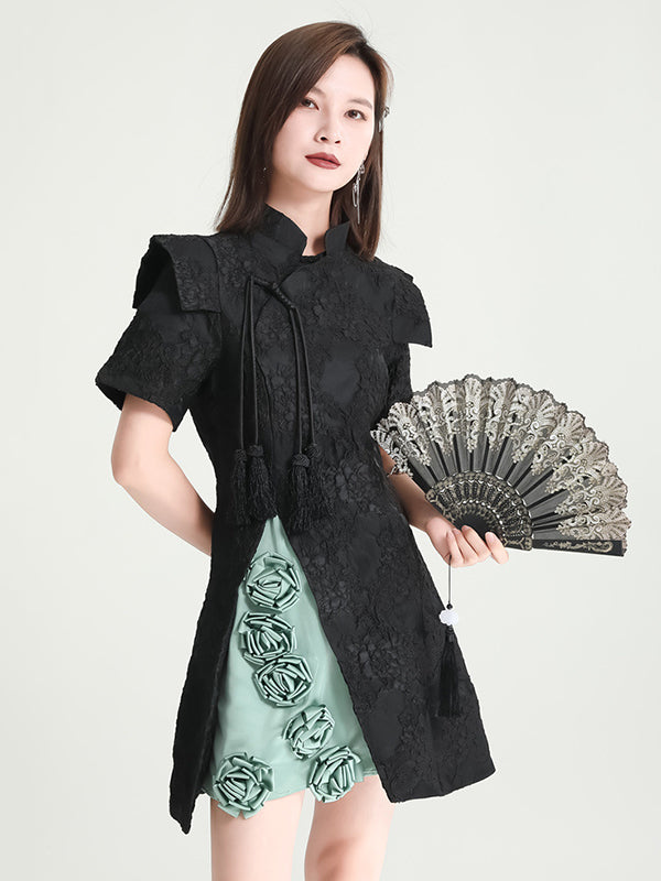 xakxx Vintage Contrast Color Applique Embroidered Short Cheongsams Mini Dress