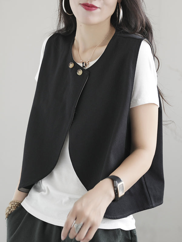 xakxx Artistic Retro Loose Sleeveless Solid Color Round-Neck Vest Outerwear