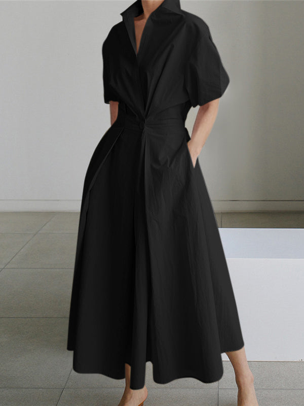 xakxx High Waisted Loose Pleated Solid Color V-Neck Midi Dresses