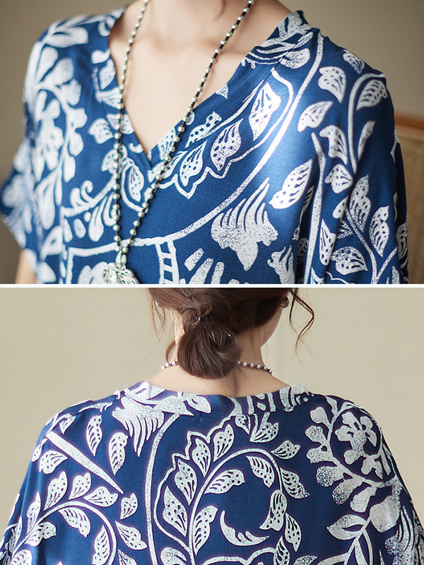 xakxx Loose Short Sleeves Printed V-Neck Maxi Dresses