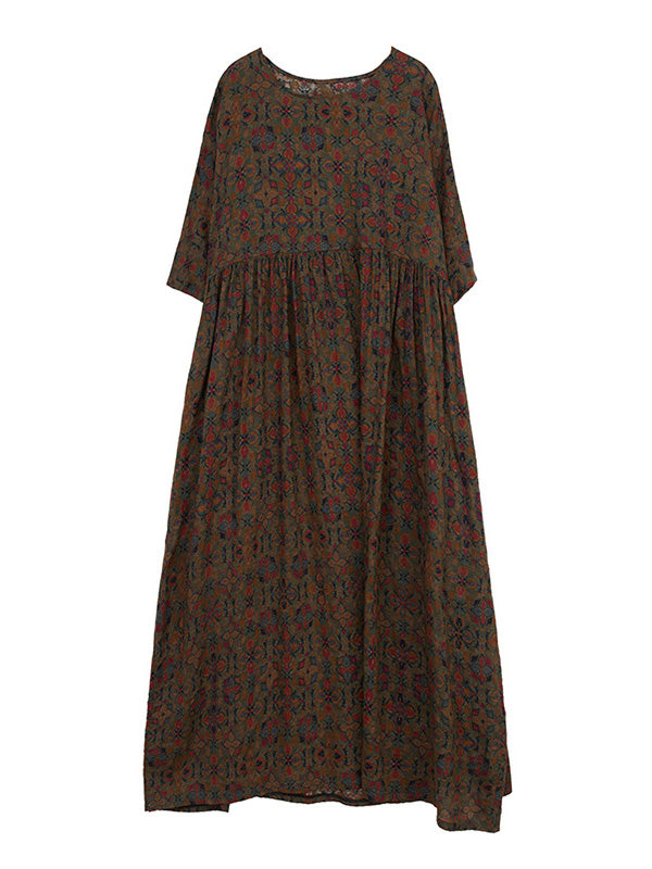 xakxx Vacation Loose Half Sleeves Floral Printed Pleated Round-Neck Midi Dresses