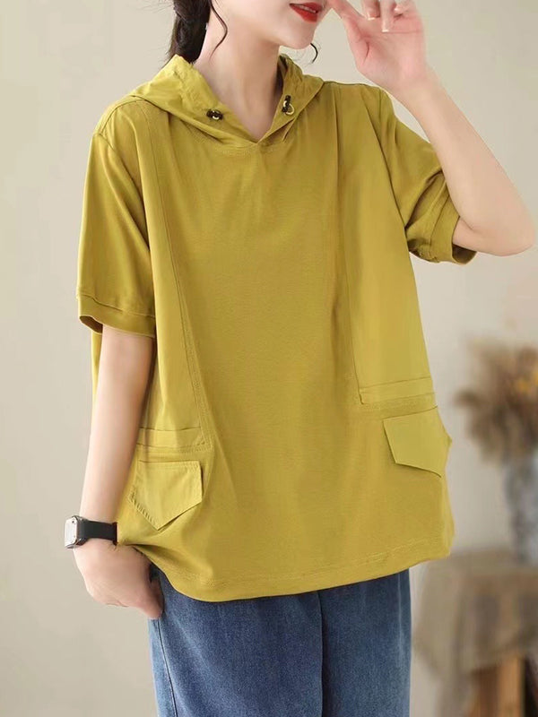 xakxx Loose Short Sleeves Solid Color Hooded T-Shirts Tops