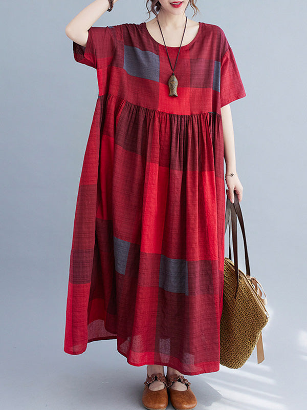 xakxx Artistic Retro Loose Color-Block Pleated Round-Neck Half Sleeves Midi Dress