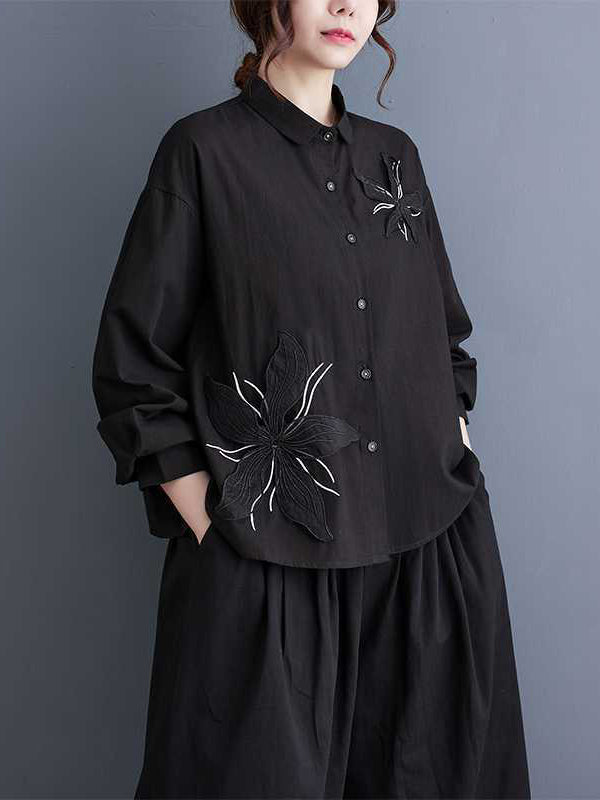 xakxx Long Sleeves Loose Applique Buttoned Embroidered Lapel Blouses&Shirts Tops