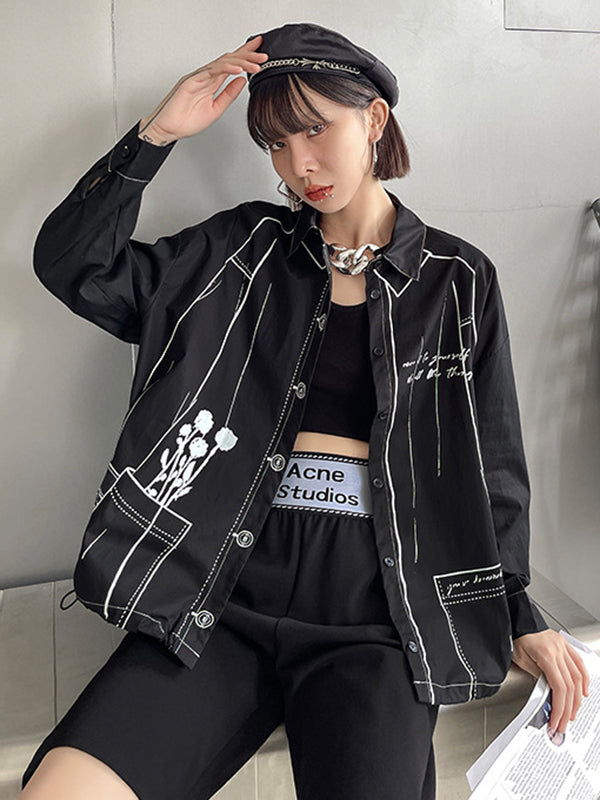 xakxx Casual Contrast Color Printed Drawstring Blouse Top