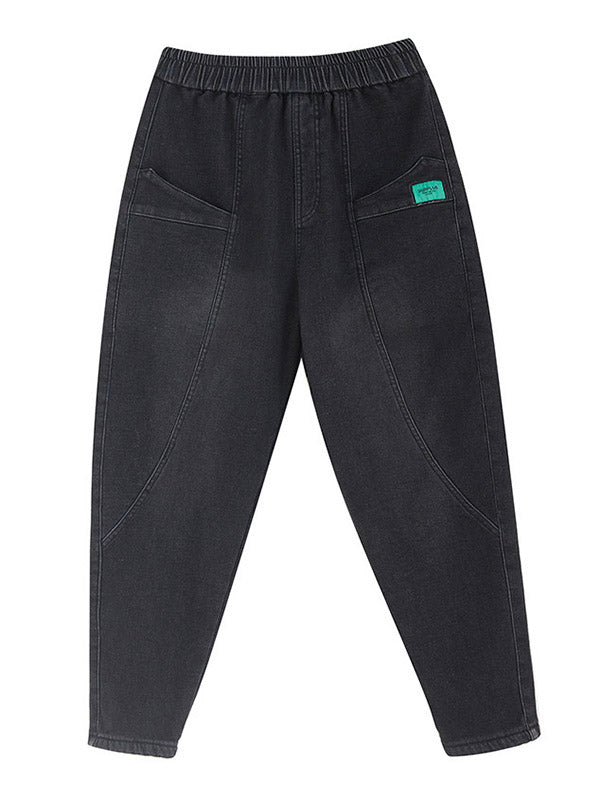 xakxx Casual Loose Velvet Solid Color With Pockets Harem Jean Pants Bottoms