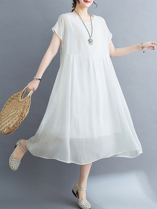xakxx Loose Short Sleeves Solid Color Split-Joint Round-Neck Midi Dresses