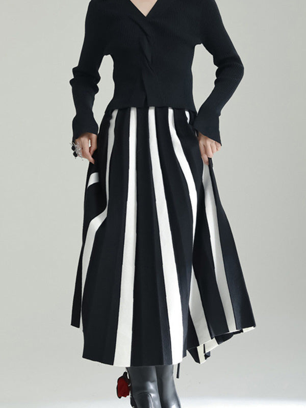 xakxx A-Line Loose Contrast Color Pleated Skirts Bottoms