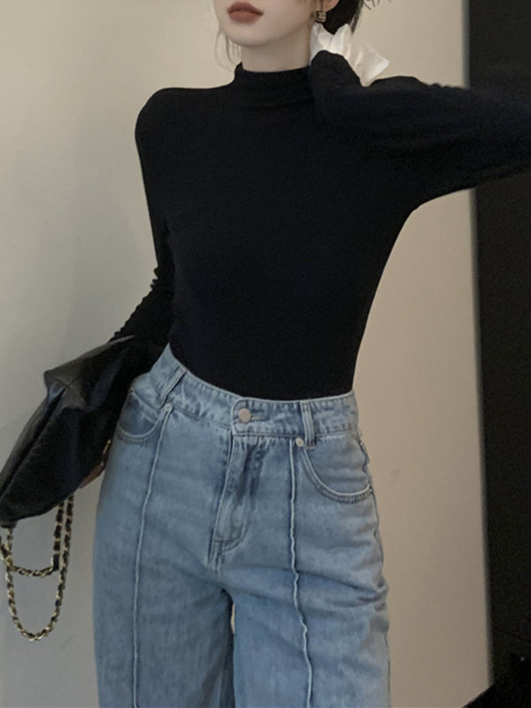xakxx Long Sleeves Skinny Pleated Split-Joint High Neck T-Shirts