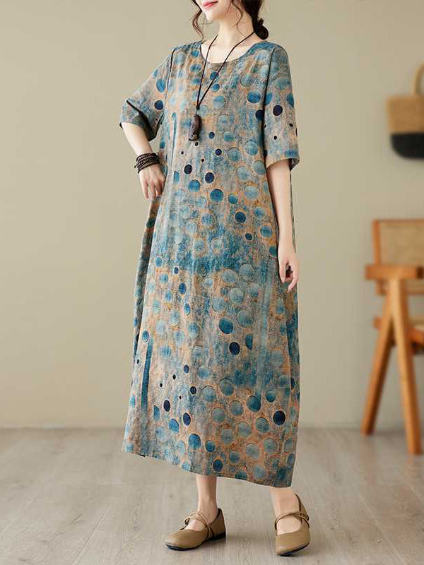 xakxx Half Sleeves Loose Contrast Color Polka-Dot Printed Round-Neck Midi Dresses