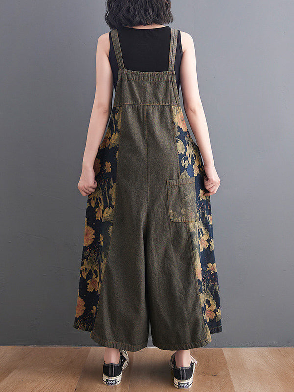 xakxx Oversize Wide Leg Floral Printed Split-Joint Overalls