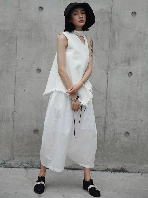xakxx Loose White Linen Split-side Harem Pants