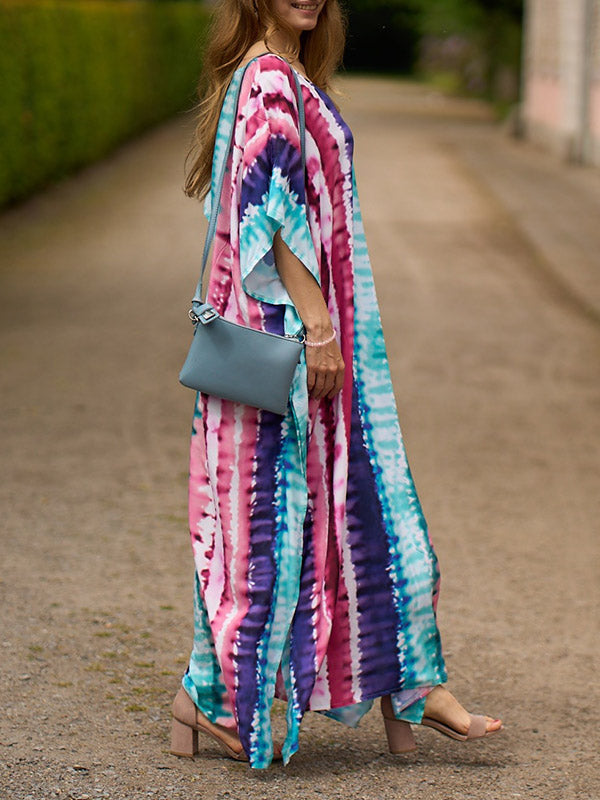 xakxx Batwing Sleeves Loose Contrast Color Printed Split-Side V-Neck Beach Cover-Up Maxi Dresses